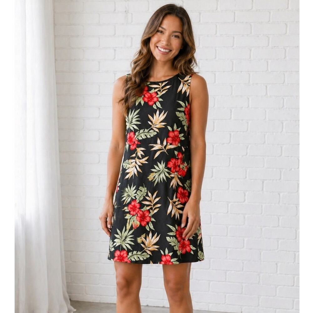 Tahiti Reef Club Women’s Dress Medium Black Floral Hibiscus Sleeveless Shift